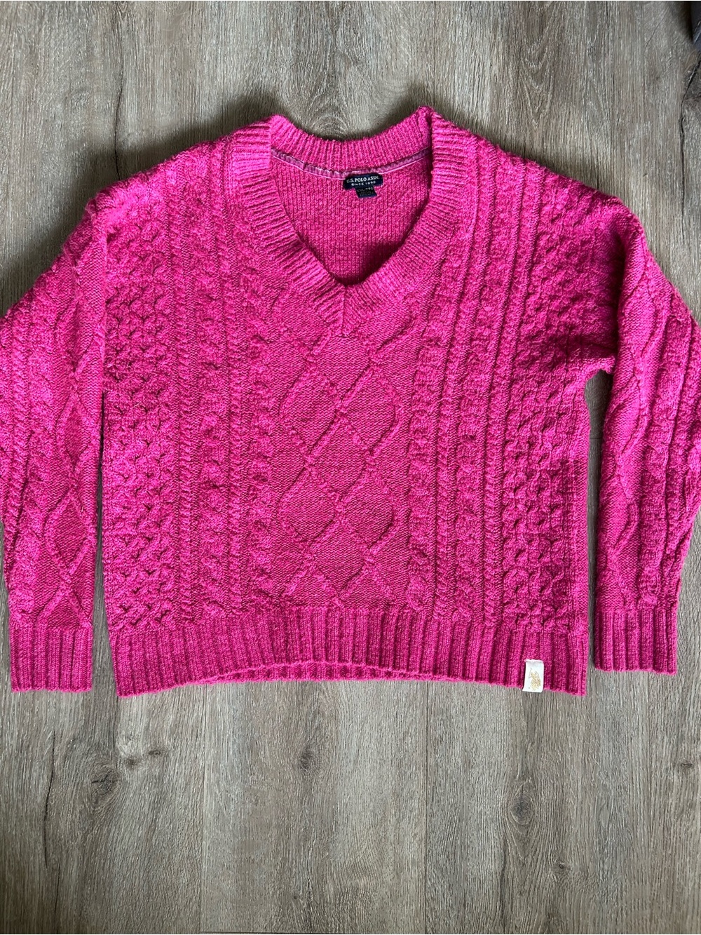 Cable Knit V-Neck Sweater - Hot Pink - Polo by Ralph Lauren